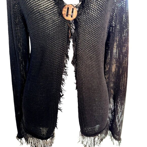 Chico's Size 2/ US L Womens Cardigan Open Weave One Button Fringe Bohemian Linen - Picture 4 of 11